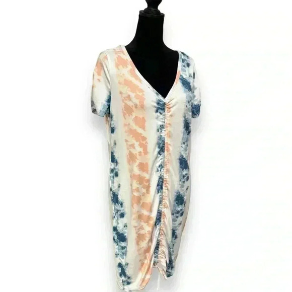 Full Circle Trends Knee Length Teal/Peach/White Tie Dye Rouched T-Shirt dress XL - Picture 12 of 14